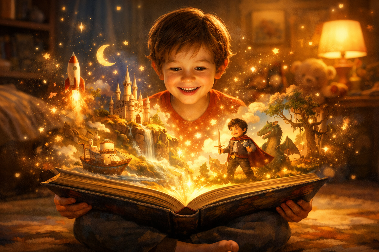 Child reading magical personalized storybook
